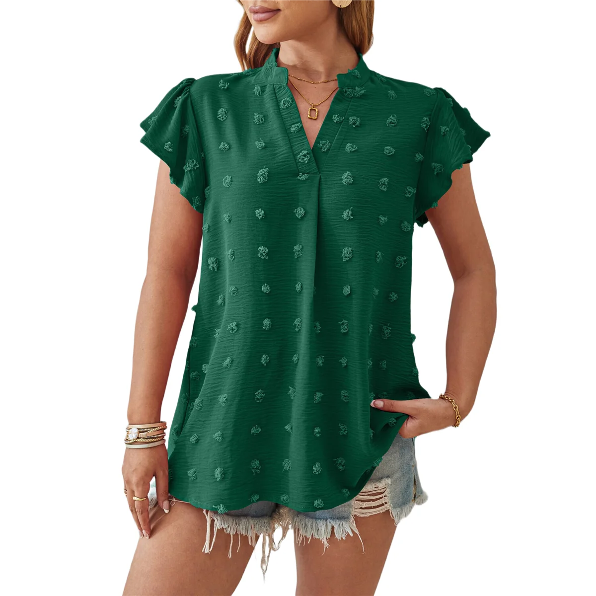 

Women 2025 Summer V Neck Ruffle Short Sleeve Blouse Dot Flowy Shirt Tunic Top Dark Green L