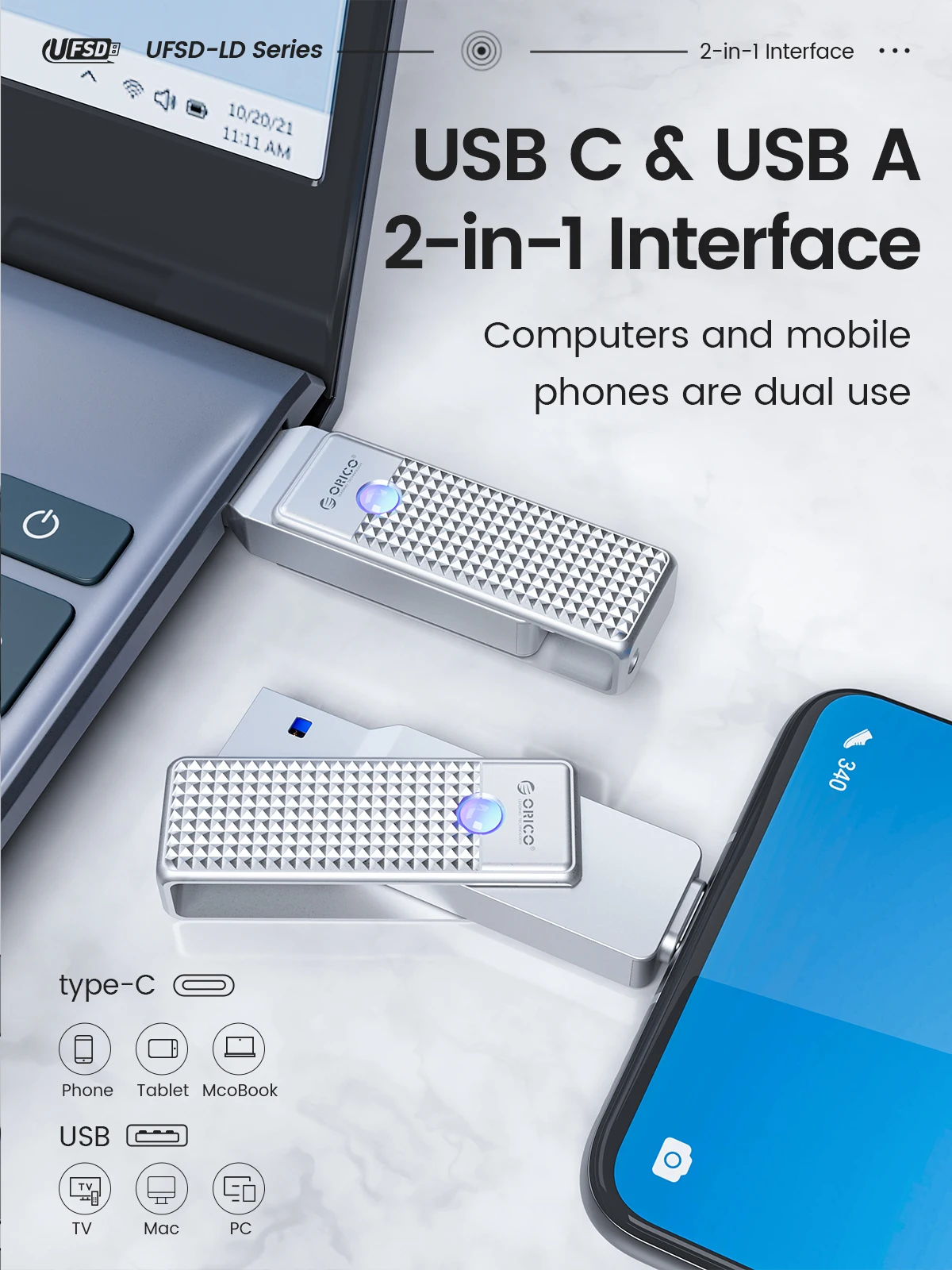 ORICO USB 3.2 405 MB/S PEN DRIVE OTG Pendrive 2 w 1 z podwójnym dyskiem Flash o dużej szybkości napędu typu C interfejsy do komputera MacBook Phone
