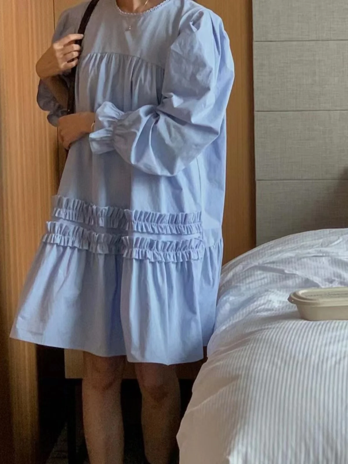 تنورة فضفاضة من Bubble Sve Round Ne Doll Dr للسيدات الكورية Sle Sweet Young Blue Gored تنورة ربيعية عالية الخصر متوسطة...