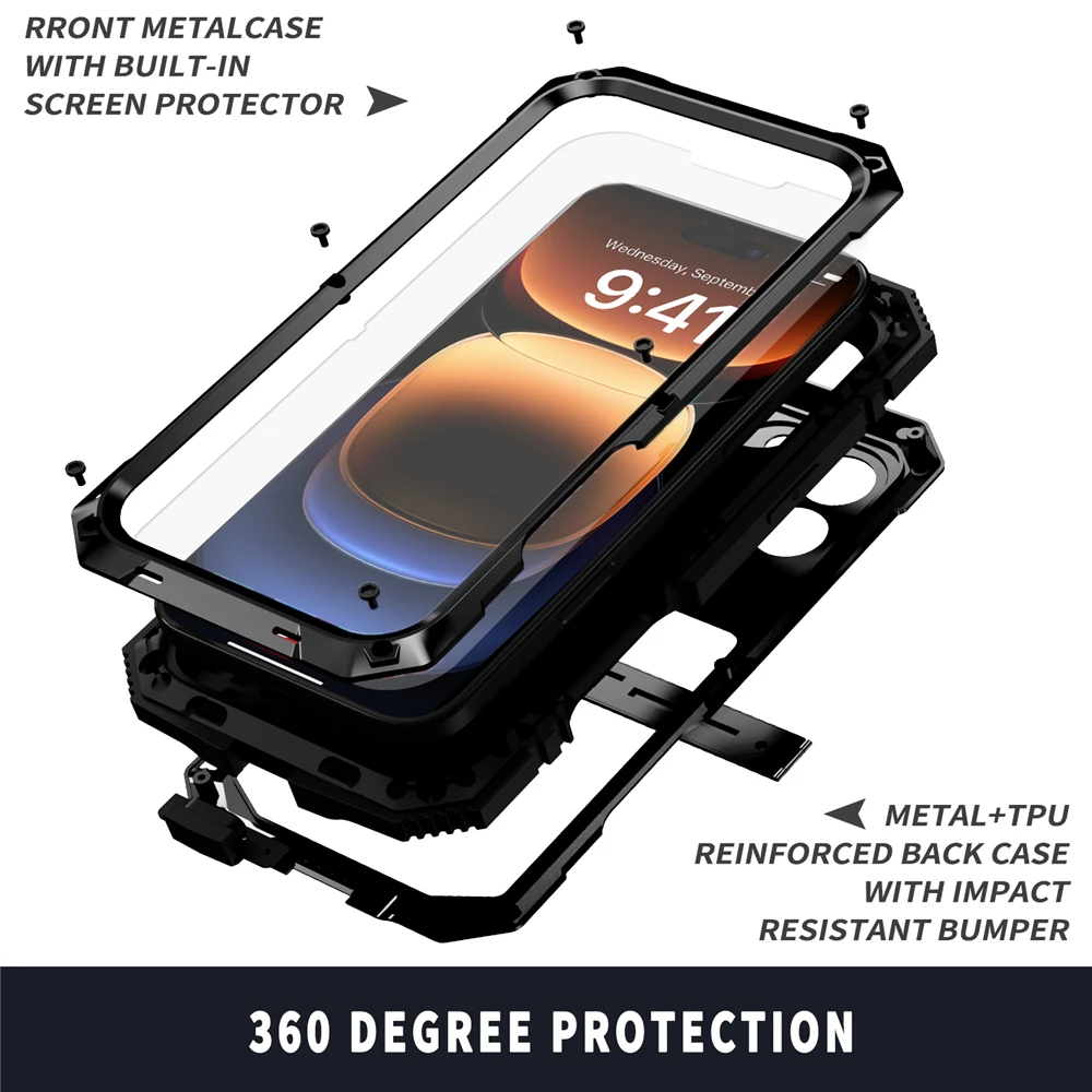 

For iPhone 16 Pro Max Plus Case Metal 360 Shockproof Armor Heavy Duty Cover With Kickstand Built-in Screen Lens Protection Coque