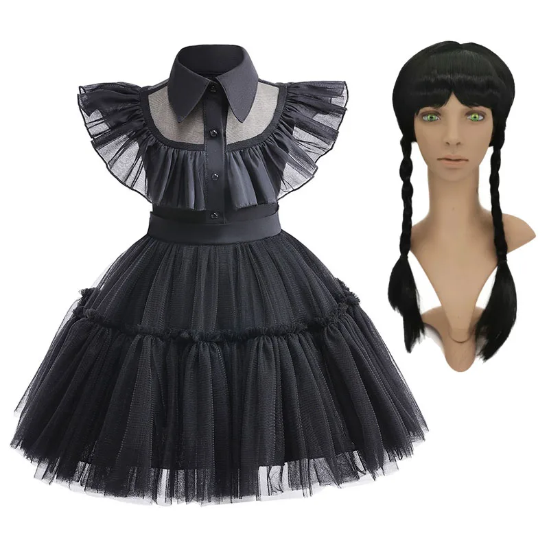 Mädchen Kleid Fantasia Wandinha Mittwoch Addams Familie Kostüm Mädchen Halloween Kleider Gothic Wind Vestidos Kinder Karneval Kleid