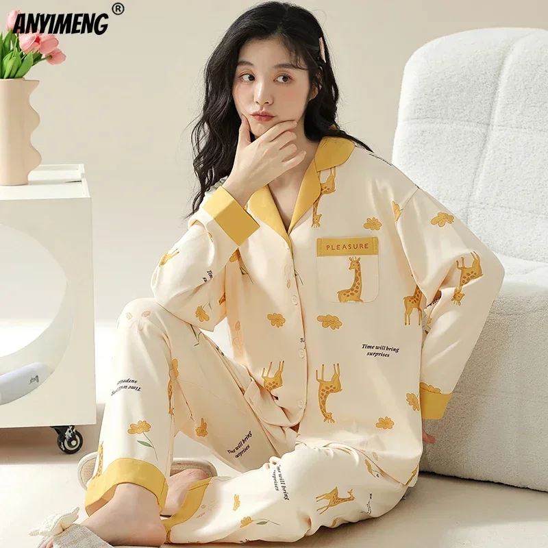 Autumn Winter Cotton Pajamas for Women Long Sleeves Sleepwear Woman Cardigan Pijamas V-neck Japanese Female Loungewear