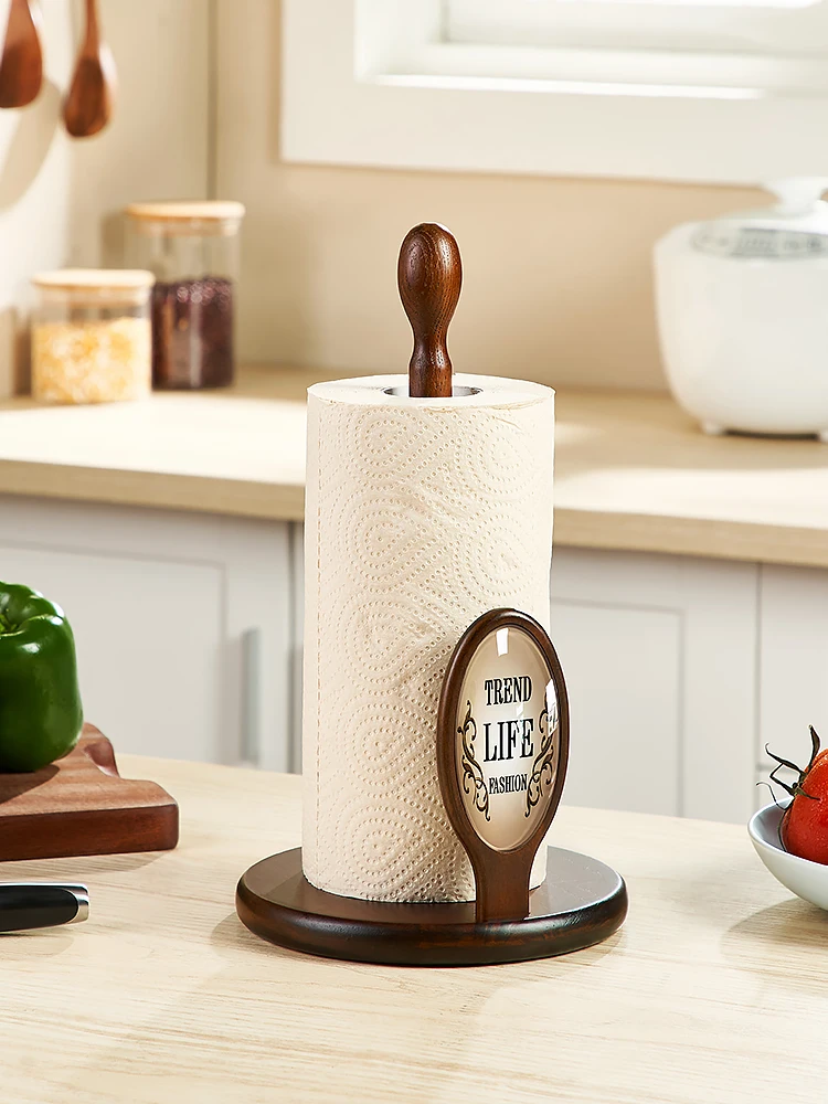 Solid wood kitchen table tissue holder, vertical wooden roll paper holder, cling film storage rack, no punching