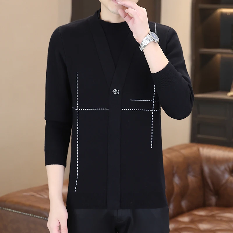 

Высококачественный мужской трикотажный свитер Slim Fit с воротником-стойкой, имитация двухслойности, повседневный стиль, полиэстер, длинный рукав