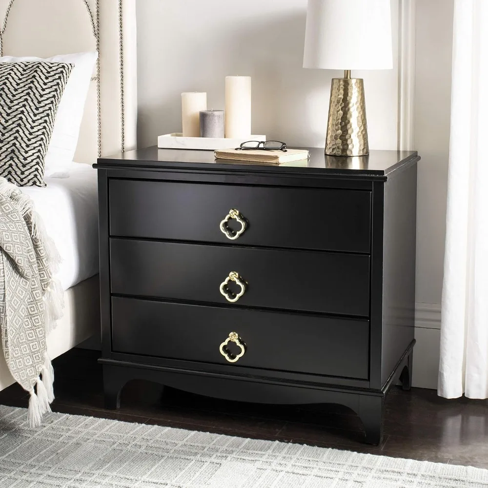 Home Collection Hannon Black 3 Drawer Contemporary Nightstand End Table, Brass