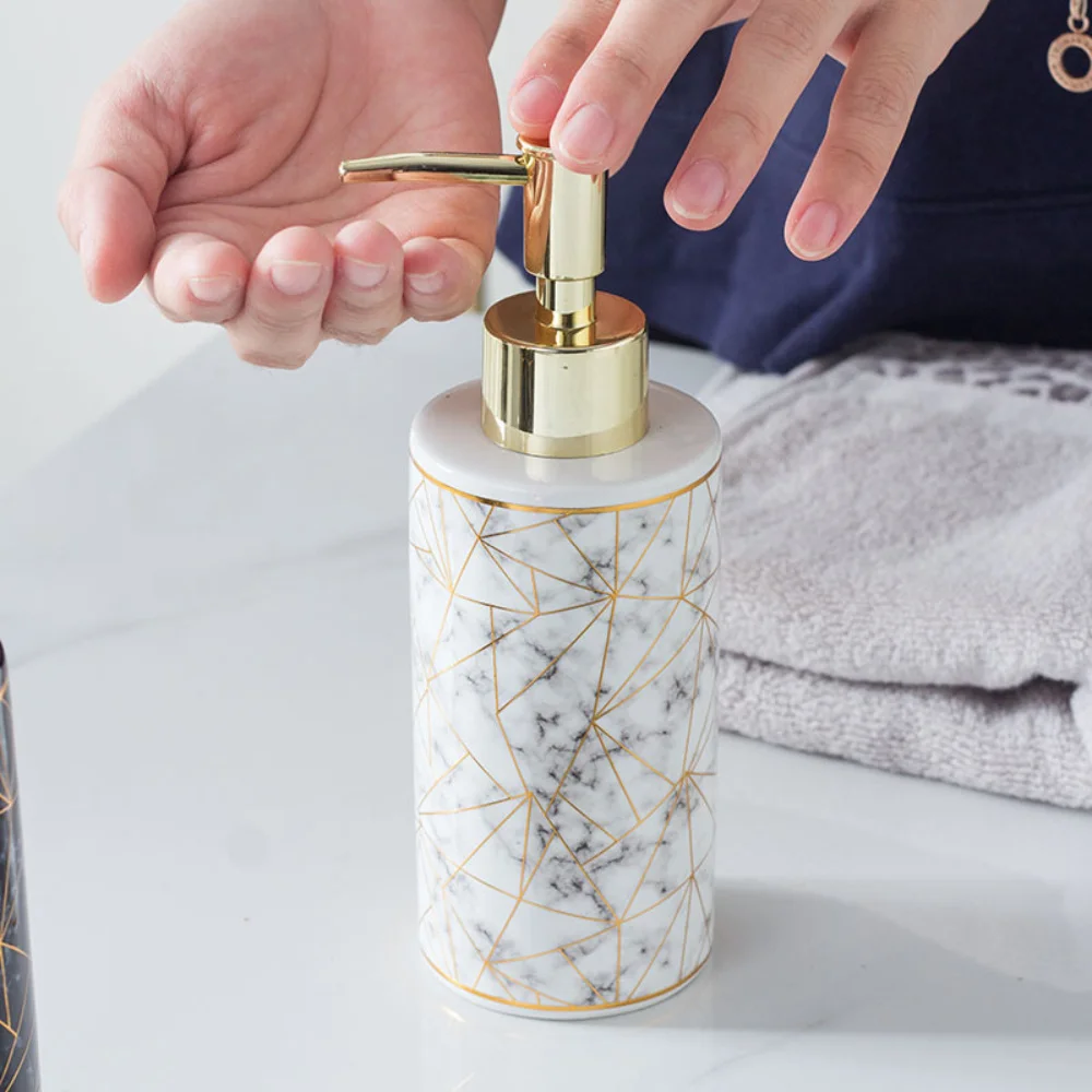 1pc Marble Pattern Ceramic Soap Dispenser,10.14oz Press Type Lotion Dispenser, Refillable Empty Bottle For Shampoo Shower Gel, B