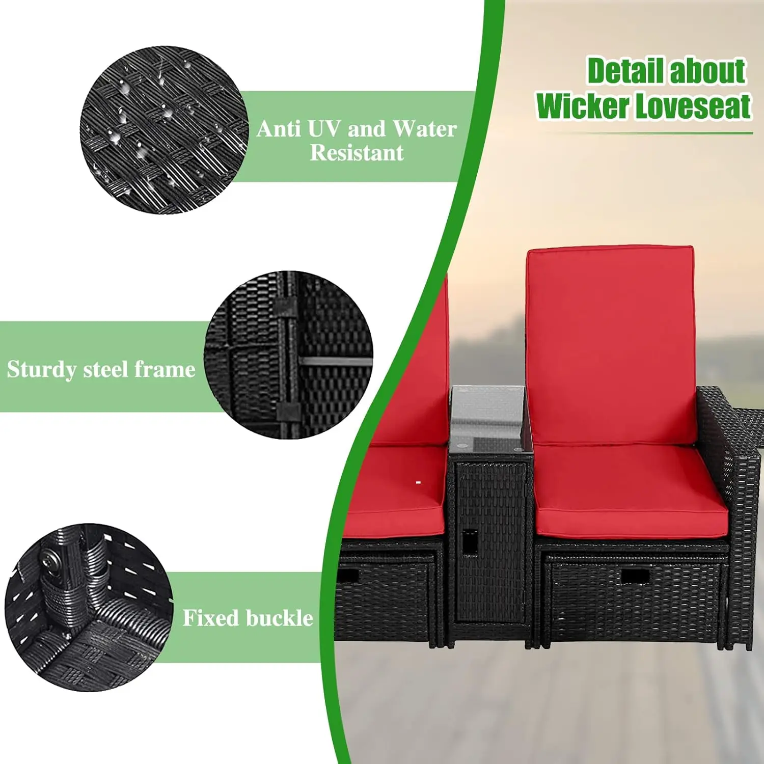 Patio Wicker Loveseat - Outdoor Rattan Sofa Set with Cushion-Adjustable Lounge Chair ，Wicker Furniture for Garden, Patio,Balcony