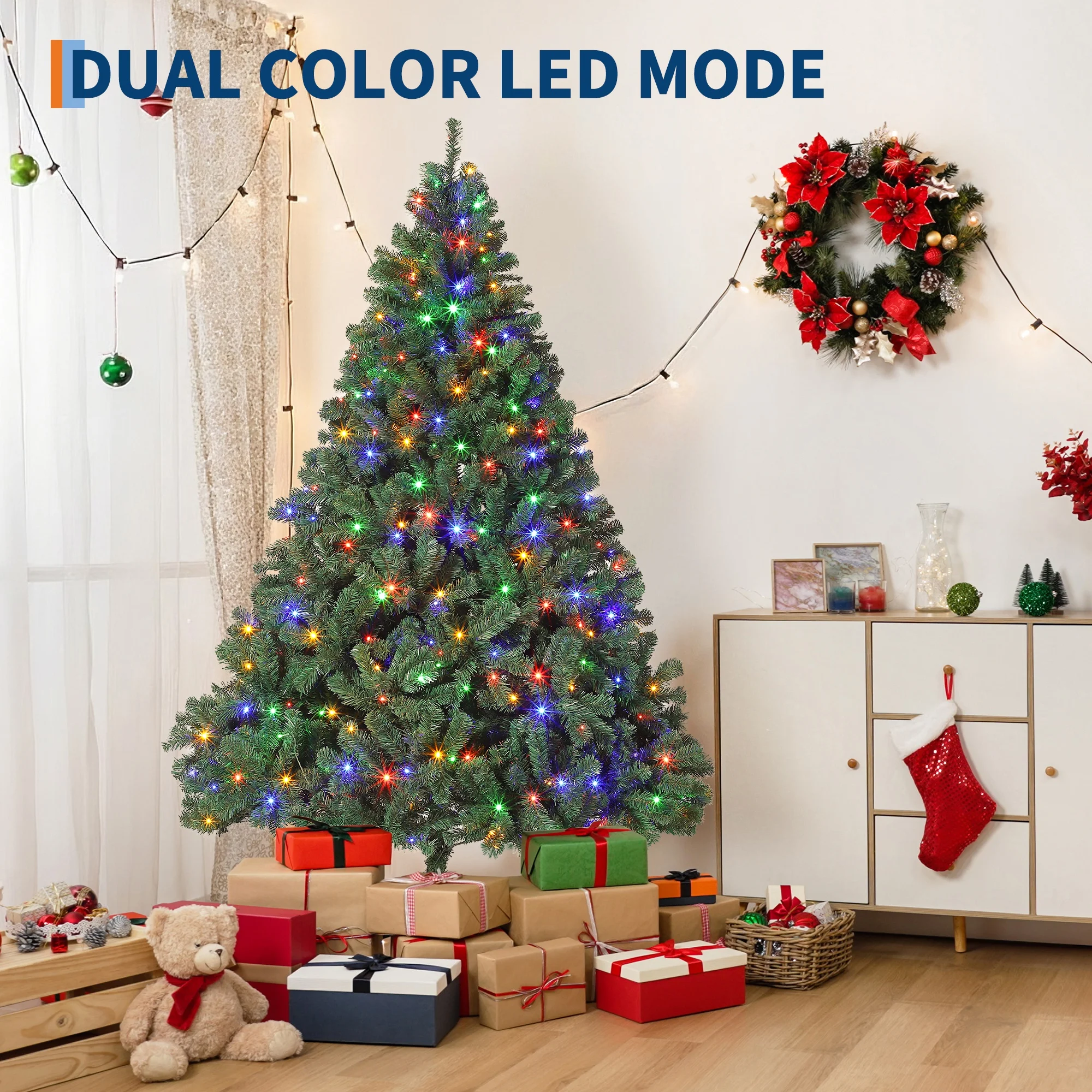 7.5ft Prelit Fraser Fir Artificial Christmas Tree Full Fluffy Xmas Tree with 450 RGBW Multicolor Lights 1500 Tips Hinged Metal Stand Foot Switch