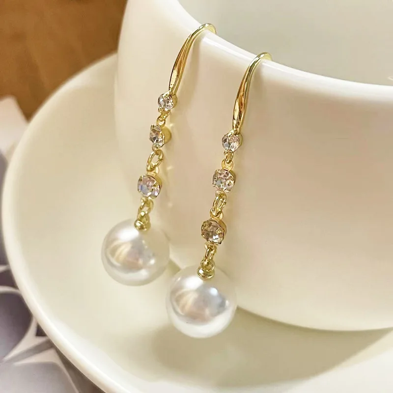 Elegant Long Round Imitation Pearl Dangle Earrings for Women Wedding Party Sweet Crystal Drop Earrings Trendy Hook Jewelry  Gift