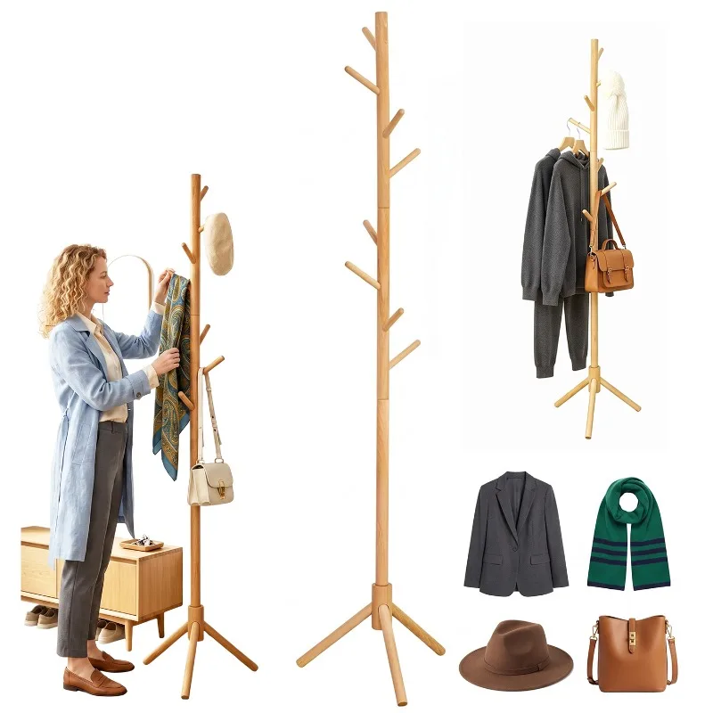 Porte-manteau autoportant en bois massif de 174 cm avec 8 crochets, porte-vêtements stable anti-basculement de style nordique, organisateur de sacs à vêtements peu encombrant pour l'entrée, la chambre, le salon, le bureau, le rangement à domicile