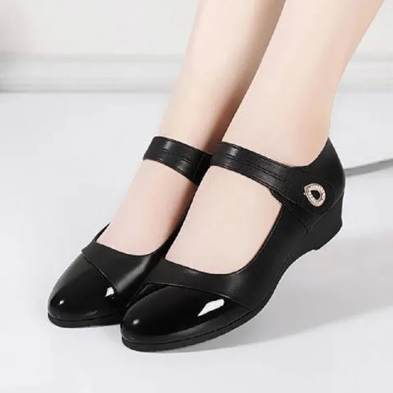 Student School Soft Patent Leather Wedge Heel Shoes Lady Classic Round Toe Spring & Summer Buckle Strap Anti Skid Heel Shoes A07