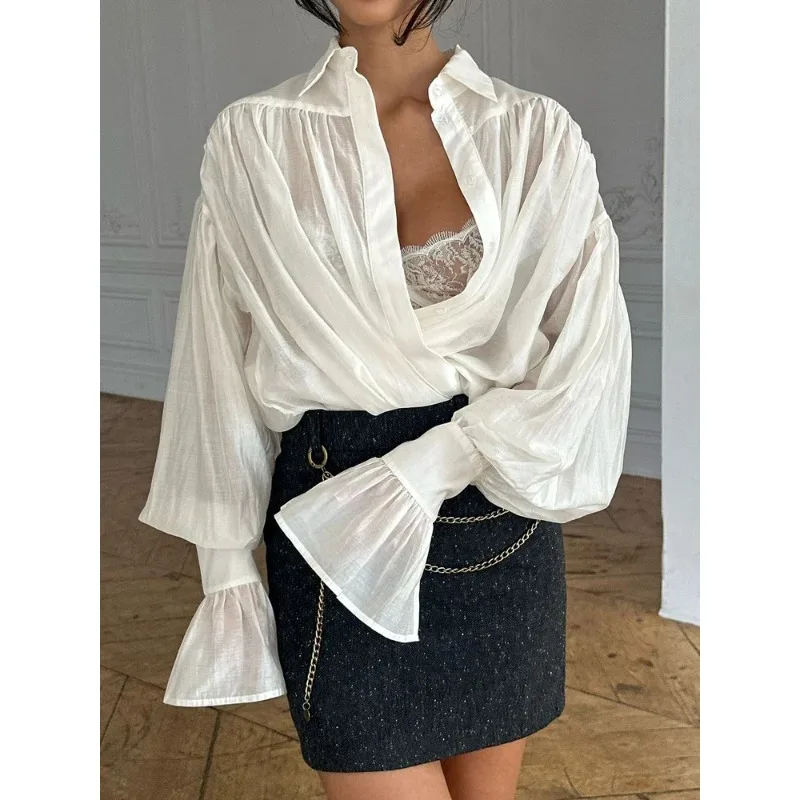 

Повседневная свободная полупрозрачная женская рубашка с отложным воротником, длинным рукавом, в стиле пэчворк, осенняя блузка-топ, уличная мода, однотонная женская рубашка-топ