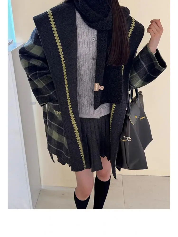 오피스룩 알파카 울 혼방 재킷 2025 가을 겨울 큰 칼라 체크 레이스업 루즈핏 여성 숏 울 코트