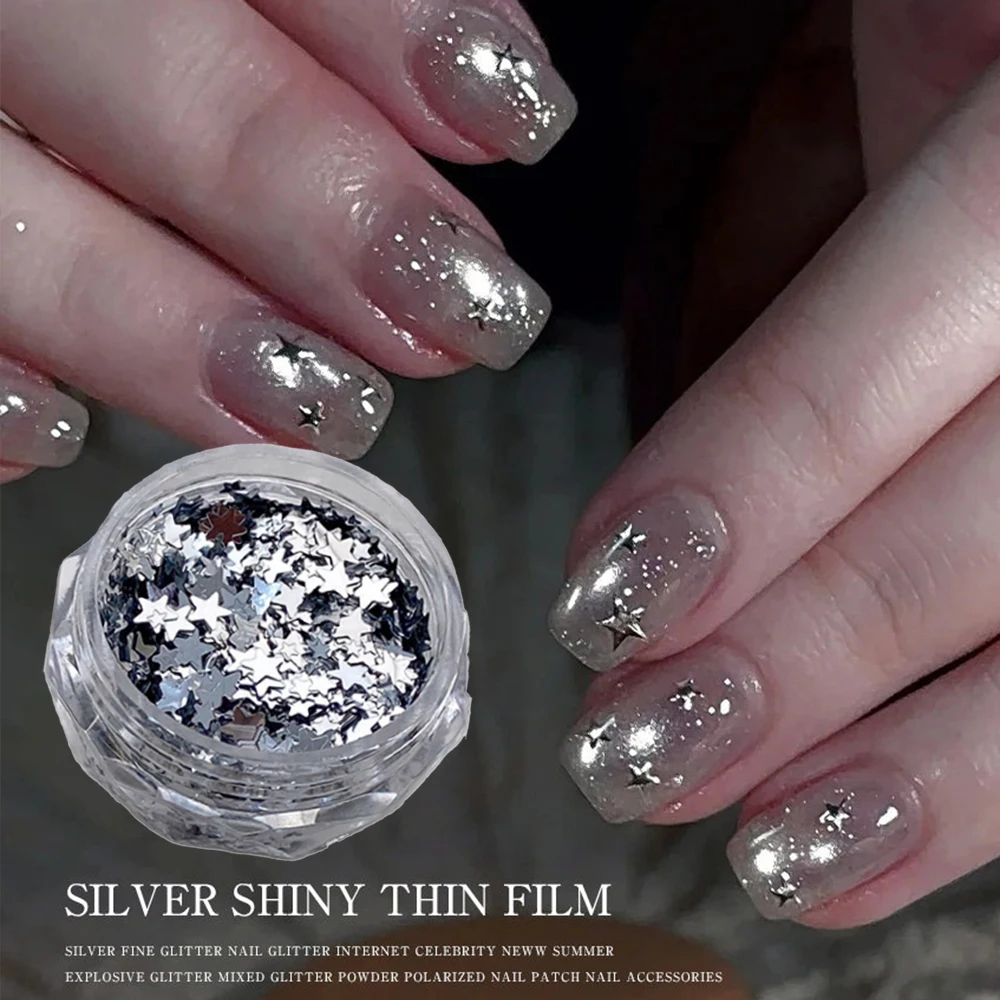 1 Box 3D Silver Star Nail Art Sequins Mixed Size Mini Holographic Star Nail Sequin Flakes Shiny Accessories For Manicure Decor