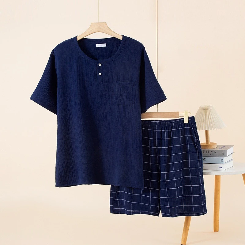 Pantaloni corti a maniche corte in garza crêpe a doppio strato di cotone da uomo estivo 2 pezzi Pigiama casual da uomo di grandi dimensioni Set di indumenti da notte