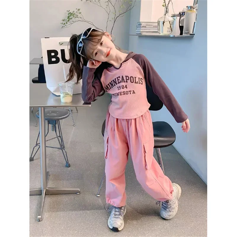 

Girls Suits Spring New Print Long Sleeve Tops+Cargo Pants Two-piece Sets Kids Clothes Autumn Fashion Straight Outfits 2-10 Years