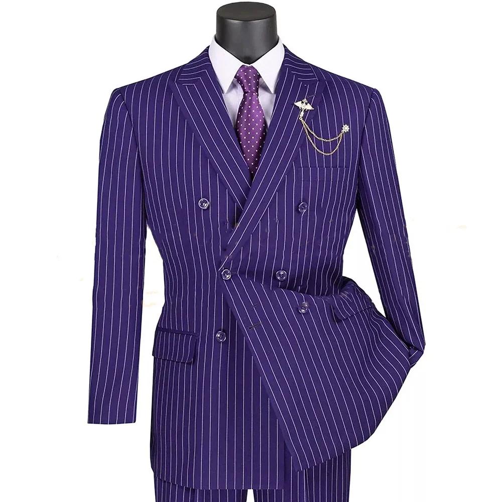 

Fashion Stripe Suits For Men Double Breasted 2 Piece Jacket Pants Male Clothing Business Gentleman Blazer Set