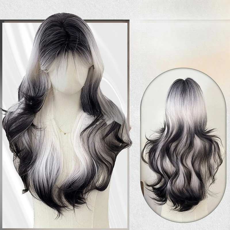 

Парик Черно-белый сиамский кот Американский азиатский стиль Женский длинный вьющийся