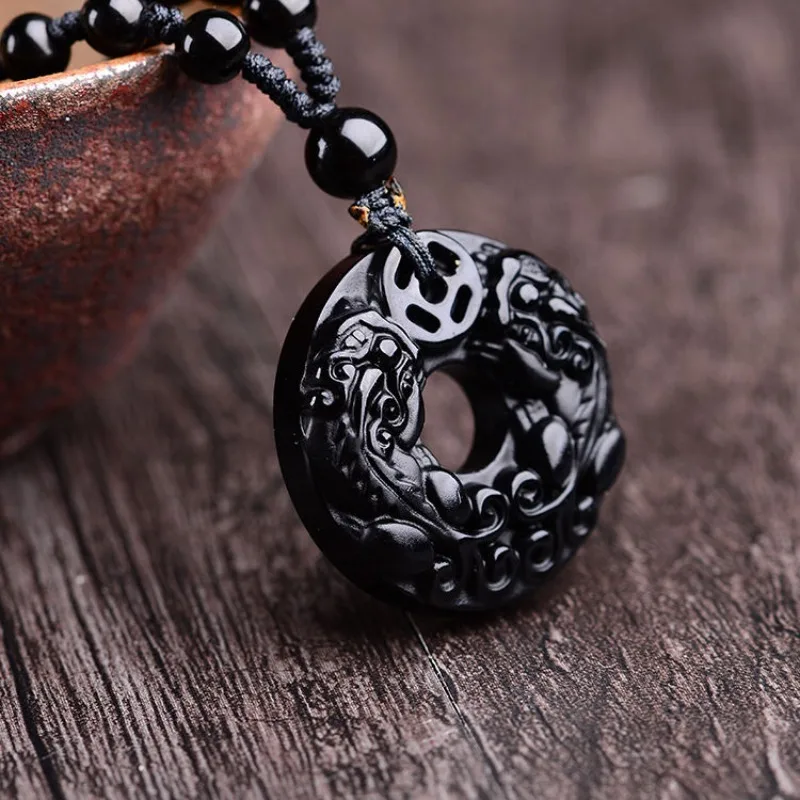 

Натуральный обсидиановый кулон с двойным Пи Сю, универсальный, для мужчин и женщин, оберег-пряжка.