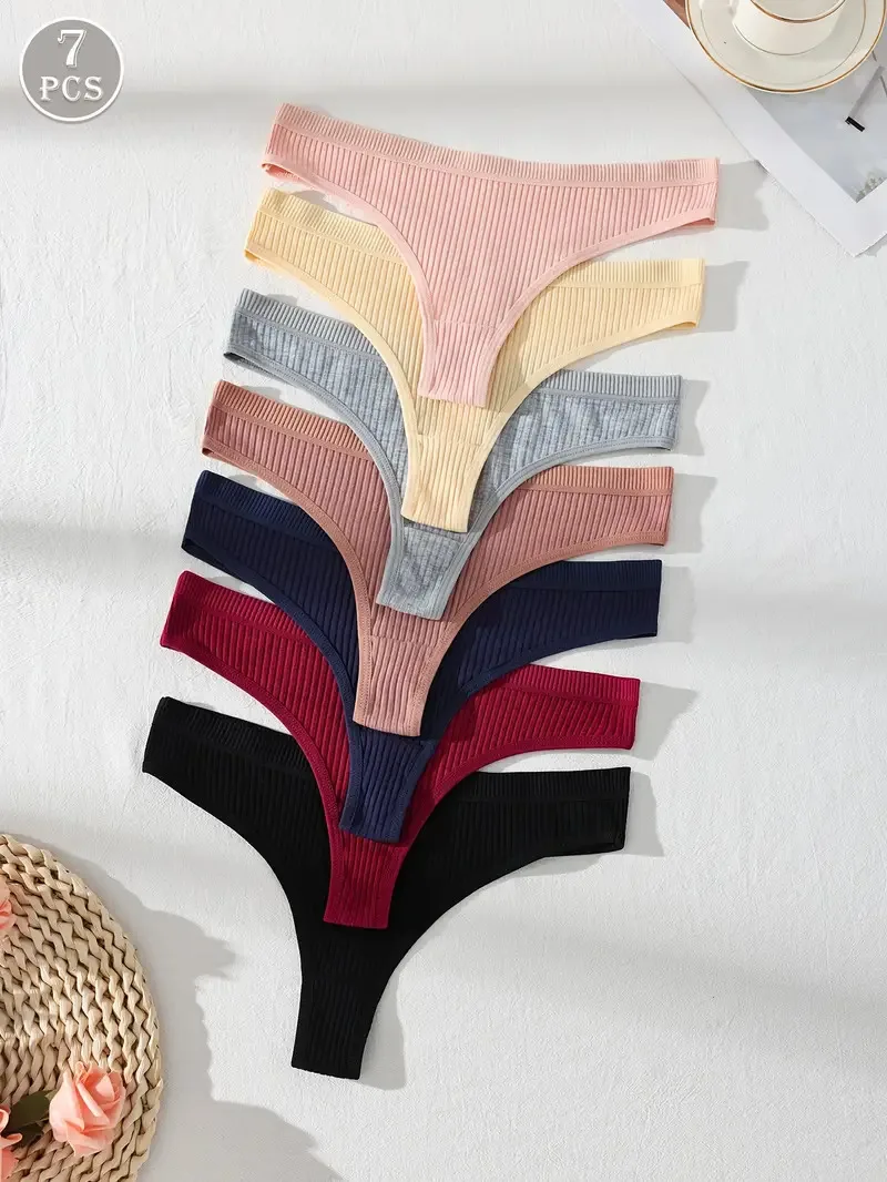 7PCS Women Thongs Panties Cotton Striped Underwear Sexy Intimates Female Lingerie Solid Color Comfort Panty Soft G-Strings XS-XL - Image 4