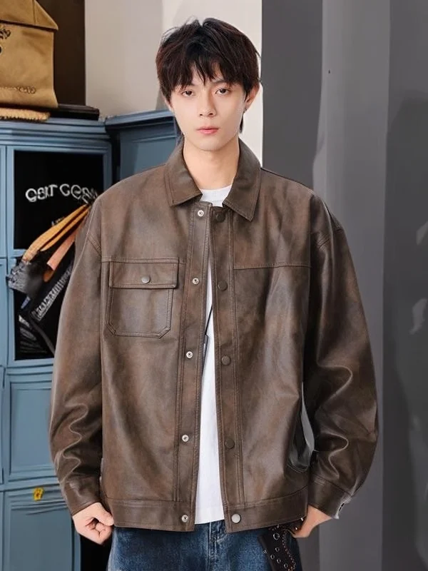 

Men's Leather Jaet Autumn Winter New Sle Retro Collar Workwear Jaet Versatile Japanese Sle Nylon Fiber Stand Fit L...