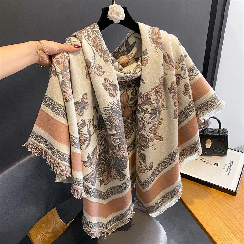 

Luxury Brand Cashmere Women Floral Scarf Winter Warm Shawl and Wrap Bandana Pashmina Female Foulard Square Thick Blanket Poncho