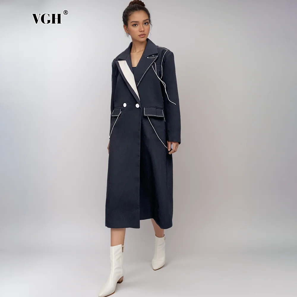 VGH Casual ChicตรงTrenchสําหรับผู้หญิงNotchedคอยาวแขนยาวSplicedปุ่มอารมณ์Windbreakerหญิงฤดูใบไม้ร่วงใหม่