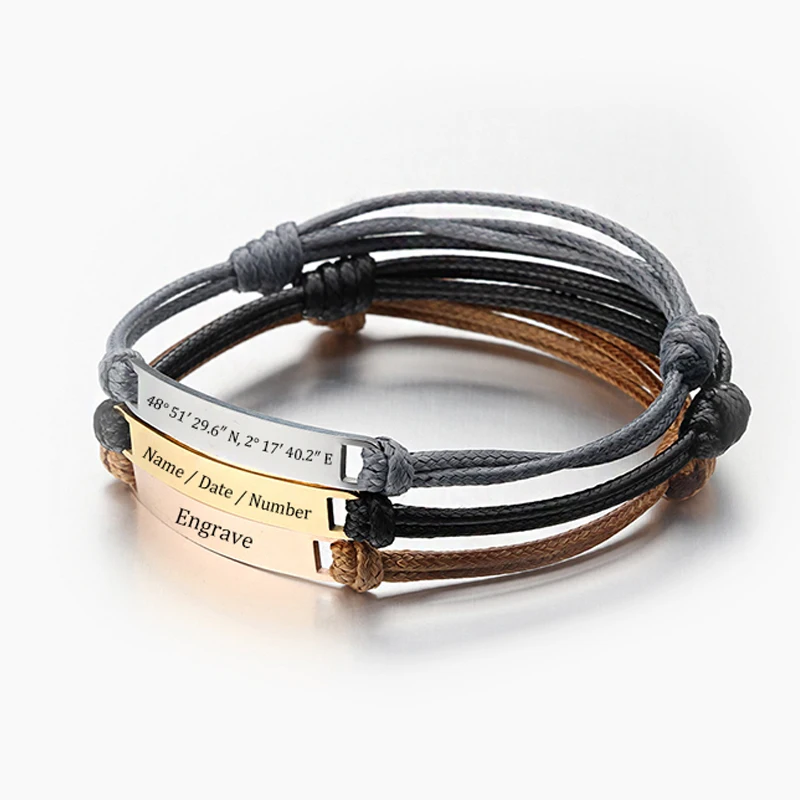 Personalized Custom Text Bracelet For Women Men Baby Stainless Steel Bar Leather Rope Braided Adjustable Bracelets Jewelry Gifts