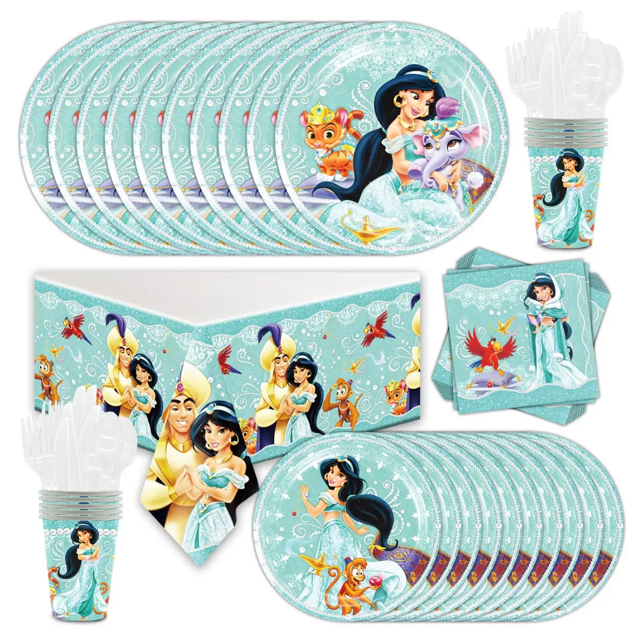 Jasmine Princess Theme Tableware Kids Girls Birthday Party Cups Plates Napkin Tablecloth Balloon Decor Girls Favors Supplies