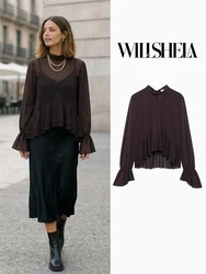 Willshela Women Fashion Brown Back Bow Lace Up Ruffled Pleated Pullover Blouse Vintage O-Neck Female Chic Lady Shirts