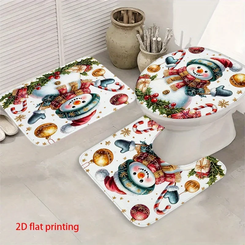 3 Pieces Christmas Snowman Holiday Bathroom Rugs Set, Winter Xmas Snowman Candy Cane Bauble Holly Snowflake Pattern Non‑Slip Bath Mat U‑Shaped Rug Toilet Seat Cover, Festive Christmas Home Bathroom Decor Gift