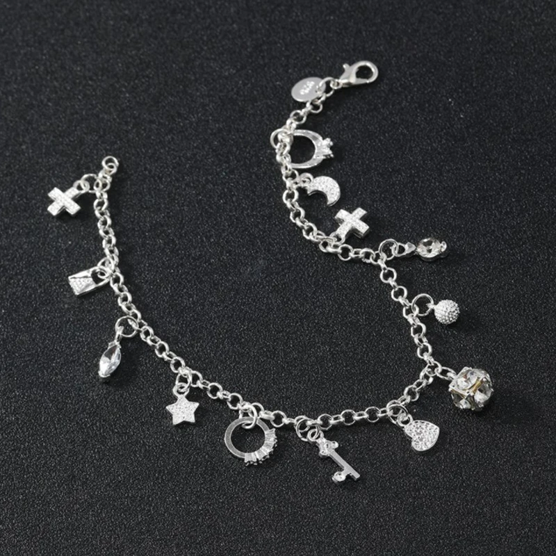 925 Sterling Silver Fashion 13pcs Pendant Chain Charm Bracelet For Women For Teen Girls Lady Gift Women Fine Jewelry