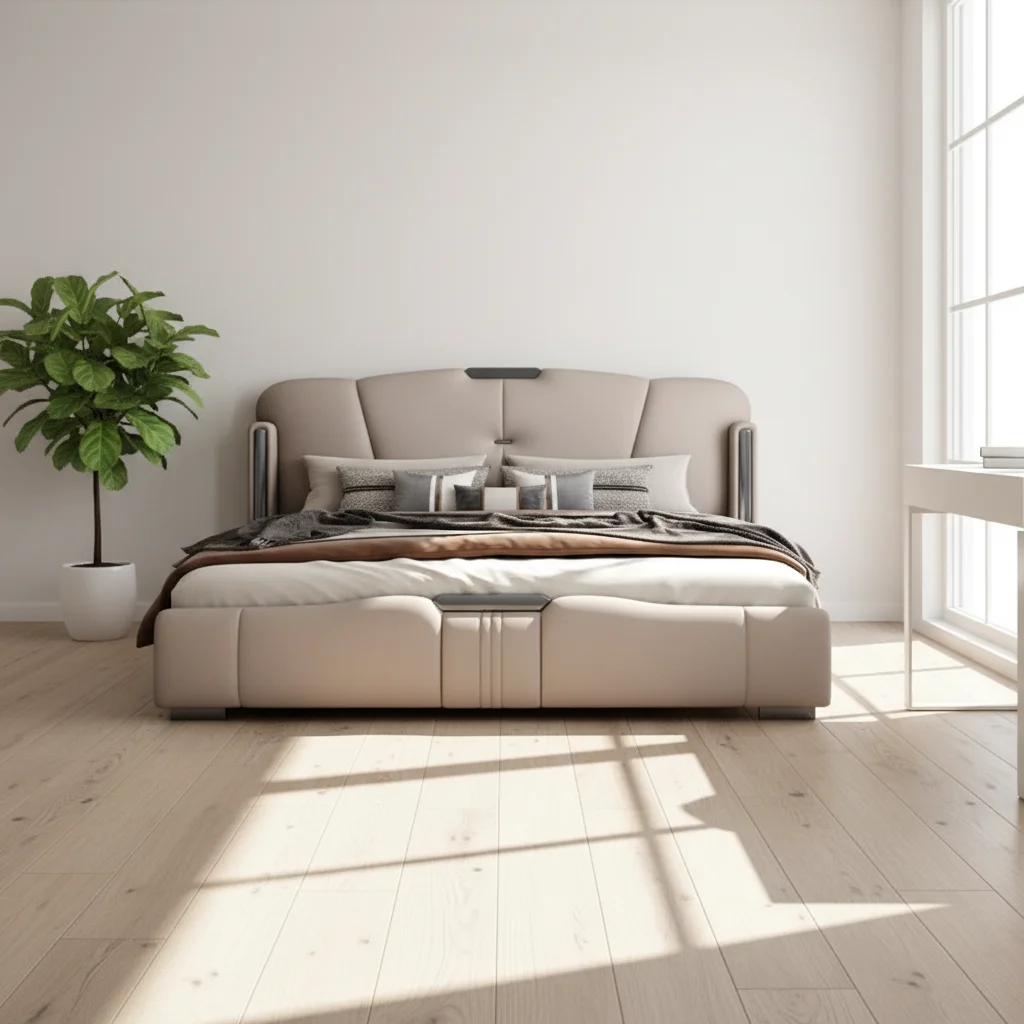 #China Factory Modern Space Saving Leather Upholstery Oak Wood Iron Frame Bedroom King Queen Full Size Bed Frame