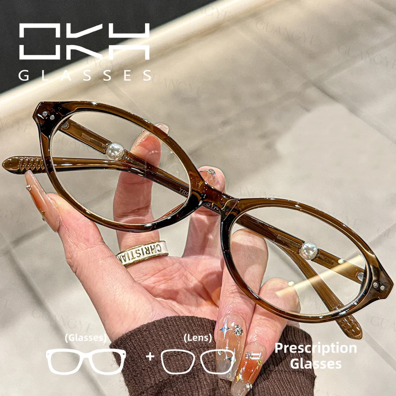 OKH High-end Korean Pearl Nerd Oval Frame Reading Glasses for Women Prescription Eyeglasses Myopia