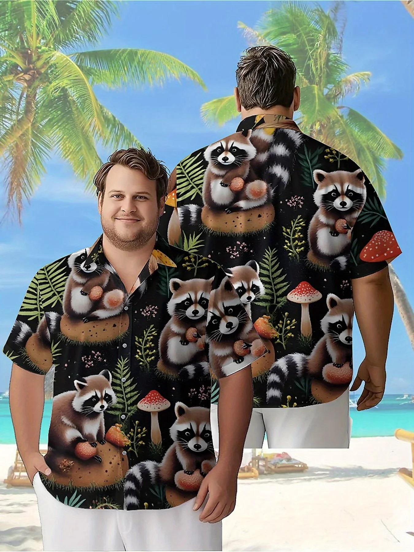 

Men's Plus Size Hawaiian Shirts Cute Raccoons and Mushrooms Pattern, Unisex Aloha Shirts,New Summer Tops Tee,streetwear