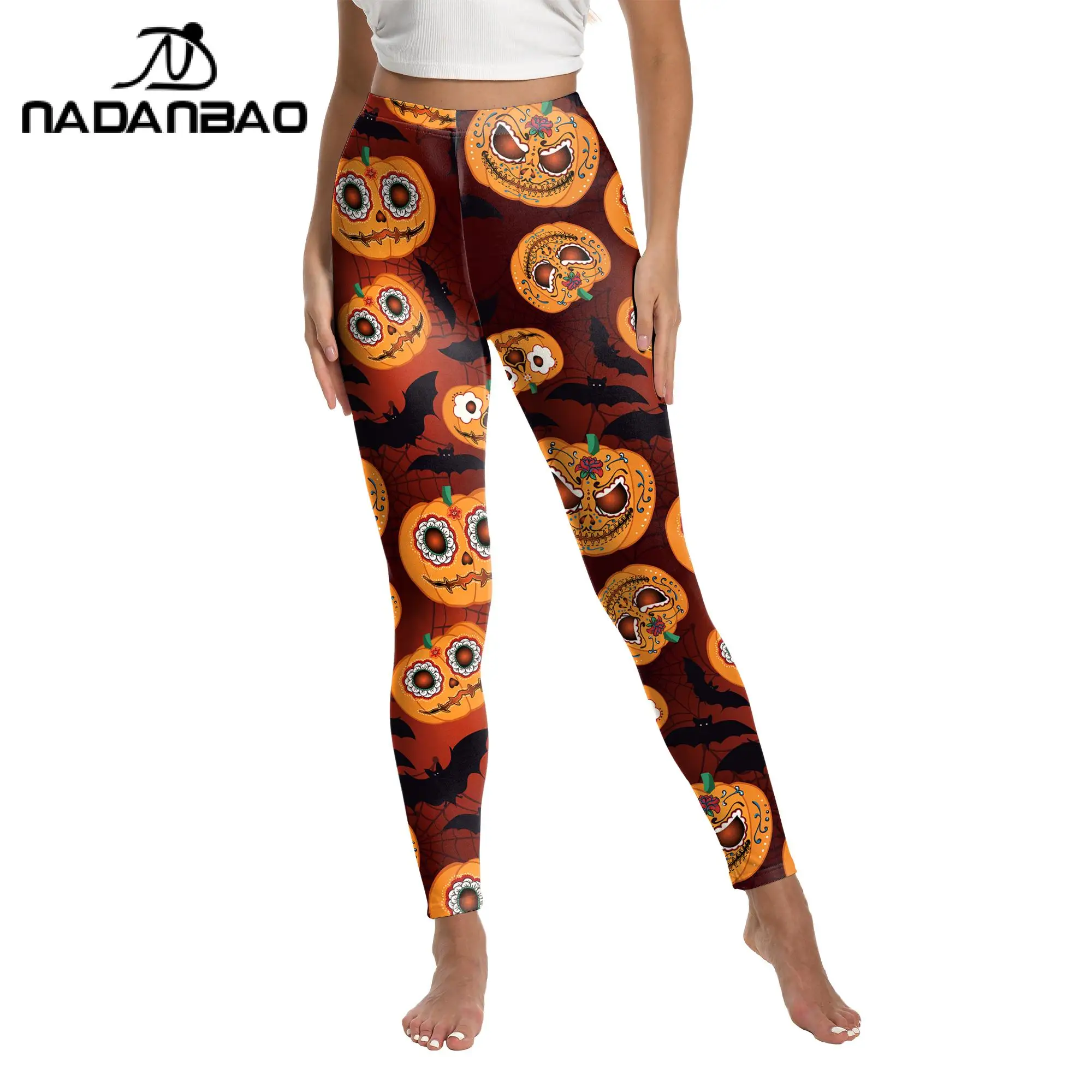 NADANBAO Orange Pumpkin Halloween Leggings for Woman Party Pants Lady Sexy Tights Elastic Yoga Workout Cosplay Novelty Trousers