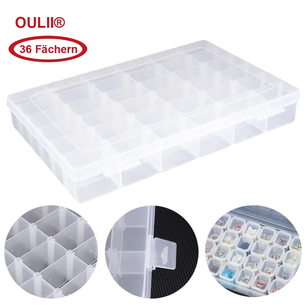 

OULII 36-Grid Clear Hard Plastic Adjustable Jewelry Organizer Box Storage Container Case with Removable Dividers (Transparent)