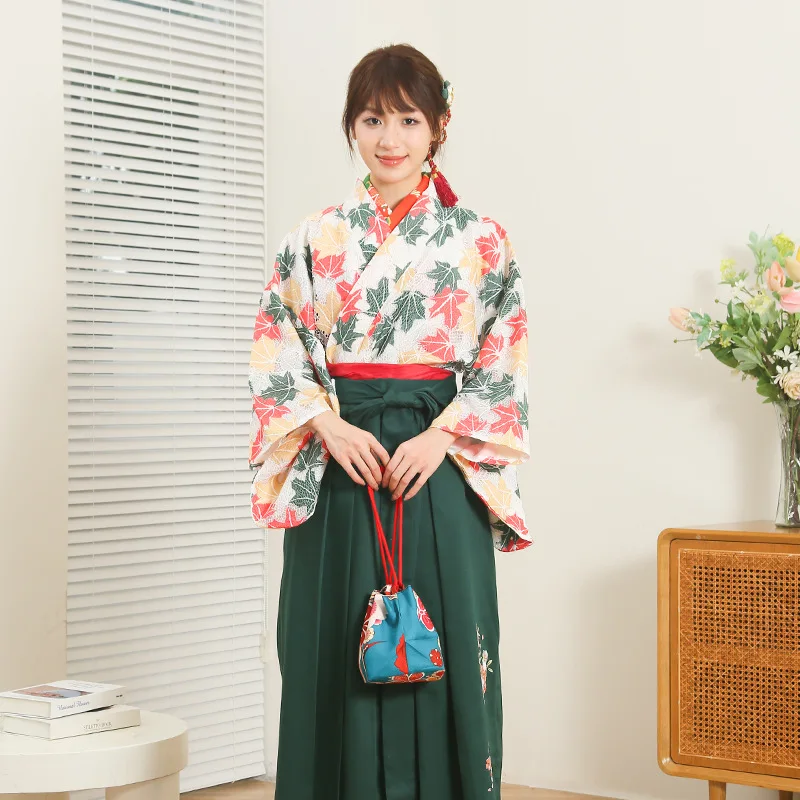 

Kimono Girl Japanese Style Leaf Printed Vintage Dress Woman Costume Haori Robe Traditional Yukata Cosplay Photography Clothes