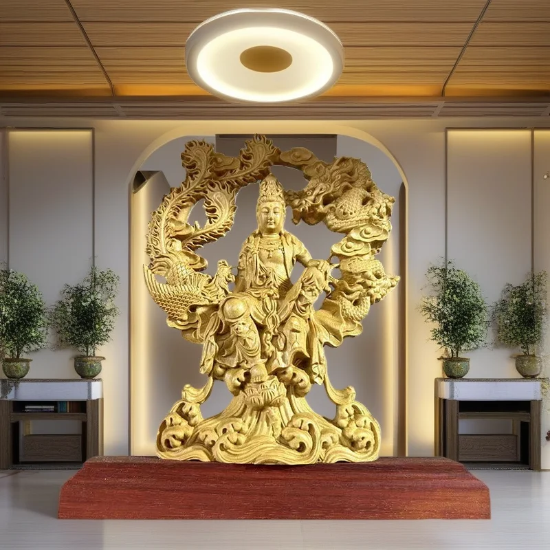 Wood Carving Dragon And Phoenix Guanyin  Statue Chinese Buddhist Figures Home, Room, Office, Feng Shui Characteristic Statue