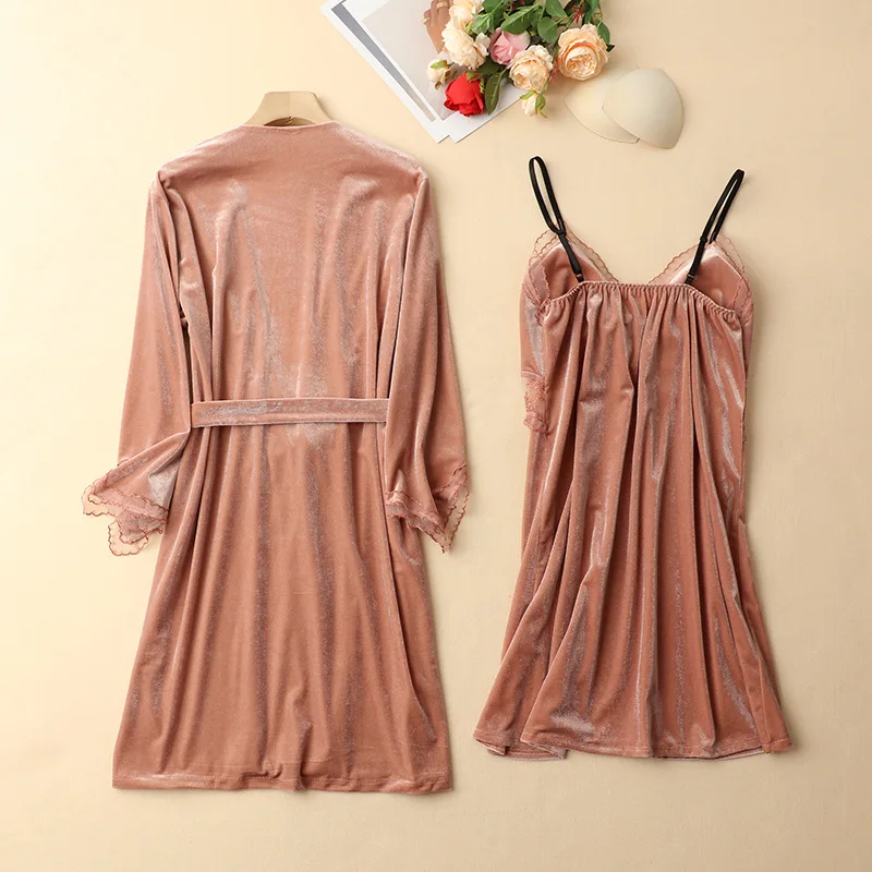 Female Sexy Nighty&Robe Set Lace Edge Backless Spaghetti Strap Nightgowns Autumn Winter Bathrobe Kimono Gown Velvet Sleepwear