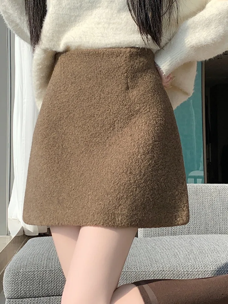 Hiver Thiened agneau velours a-ligne coupe droite ort jupe femmes taille haute minceur f-longue jupes coréen Sle trajet