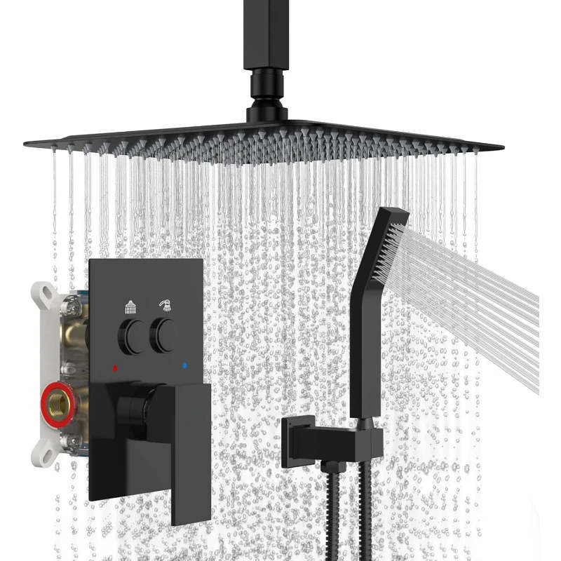 home.Ceiling Mounted Shower System with Push Button Diverter, Shower Faucet Combo Set with Rough-in Valve, Matte Black