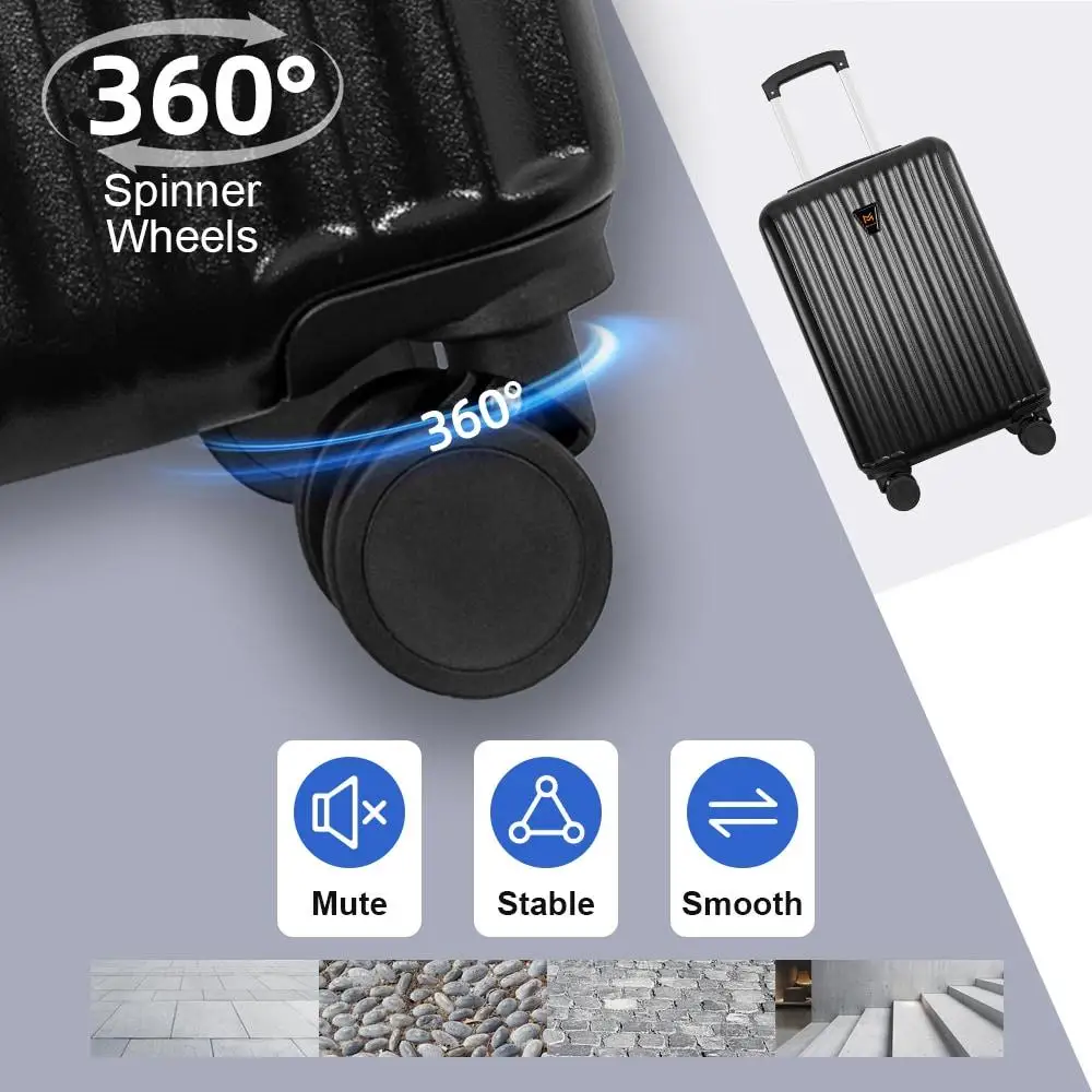 Set di valigie rigide in ABS da 3 pezzi 20 24 28 pollici Ruote doppie nere con set di cuscini da viaggio per le vacanze d'affari e il tempo libero