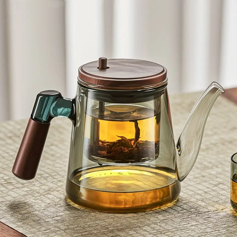 

One Click Magnetic Switch Tea Separation Filtration Glass Tea Pot Wood Handle Tea Water Separation Inner Container Teapot