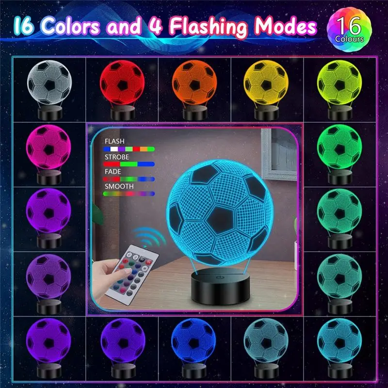 DT17 3D Illusion LED Football Night Light 16 for Colors Remote Control for Kids Boys Bedroom Decoration Gift Ideal for Football