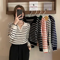 Striped V-neck Pullover Polo Sweater Women's Early Autumn Casual All-match Tops Long-sleeved Knitted Bottoming Sweaters Jumpers