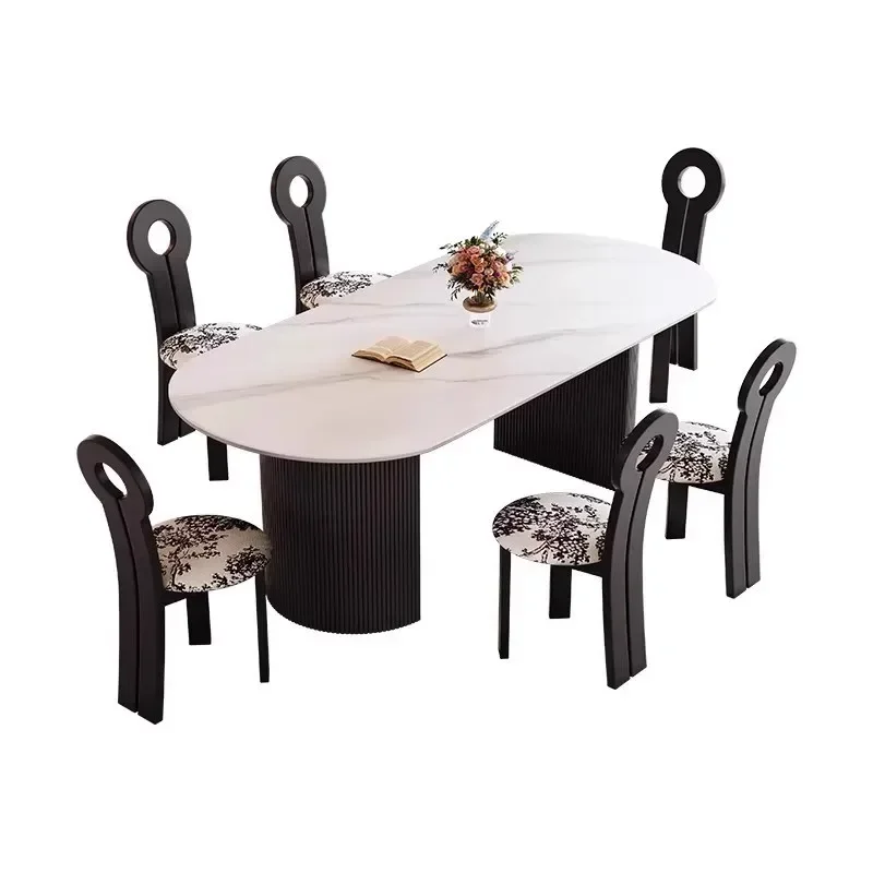 

French premium medieval rock slab dining table and chair combination simple light luxury dining table household small househol
