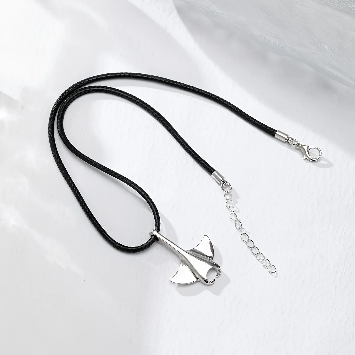 Silvery & Black Manta Ray Pendant Necklace with Black Cord Design Mystical Cool Look Jewelry for Women