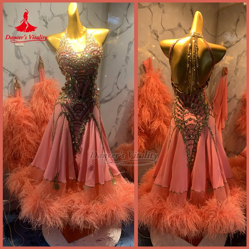 Feather Lower Hem Ballroom Wrapped Hips Dancing Dress Customized Adult&Teenagers Waltz Tango Contest Clothing Dancer's Vitality