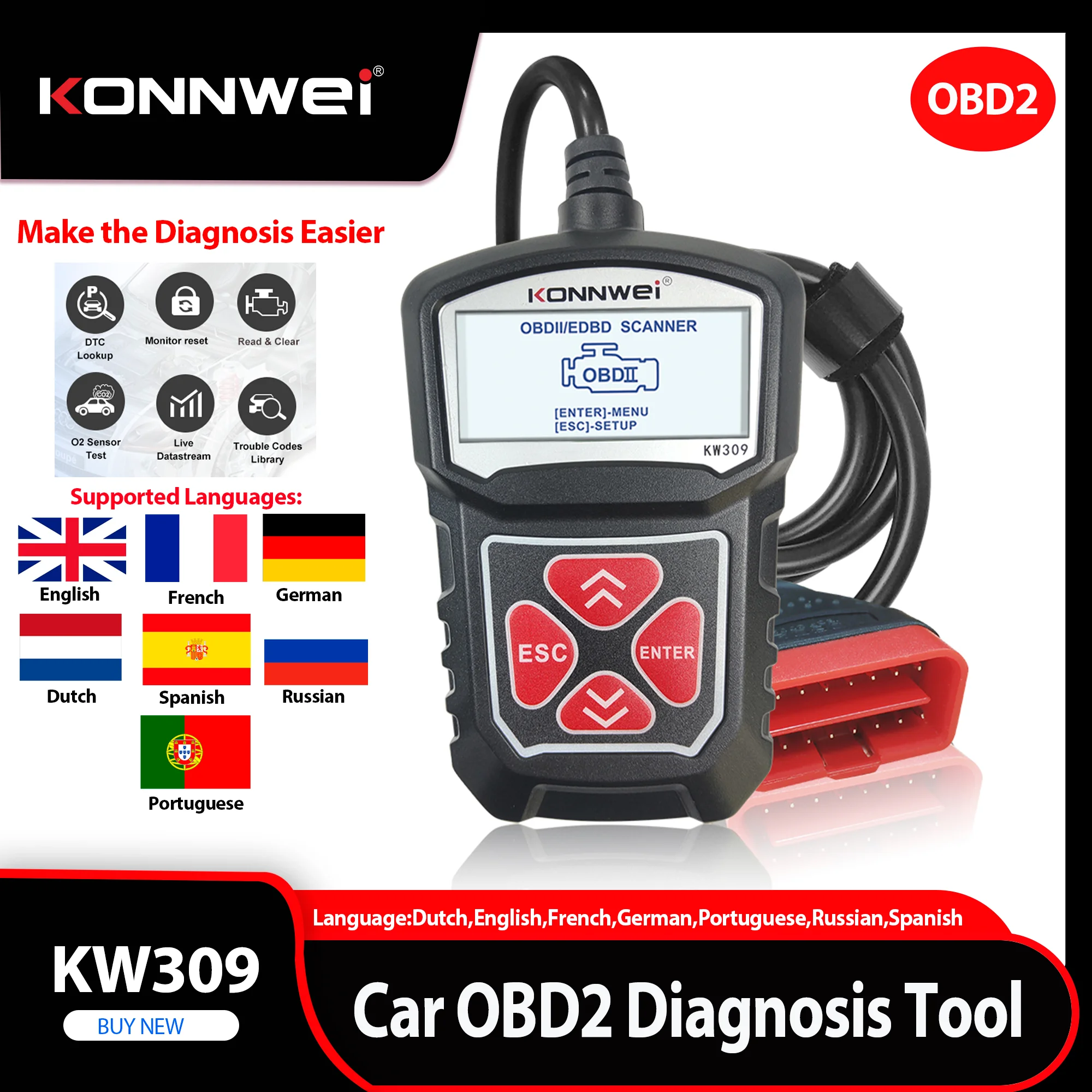 

2026 KONNWEI KW309 12V Car OBD2 Fault Diagnostic Tool DTC Lookup Code Reader O2 Sensor Monitoring I/M Readiness OBDII Scan Tool